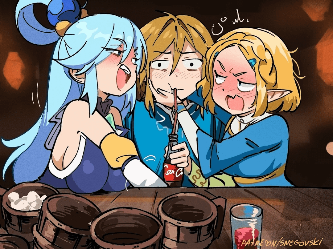 Link, Zelda and Aqua in bar (Snegovski) [Konosuba, Legend of Zelda]