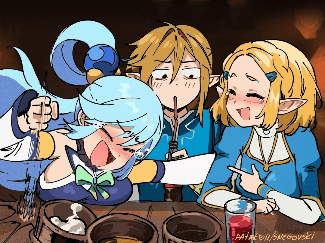 Link, Zelda and Aqua in bar (Snegovski) [Konosuba, Legend of Zelda]