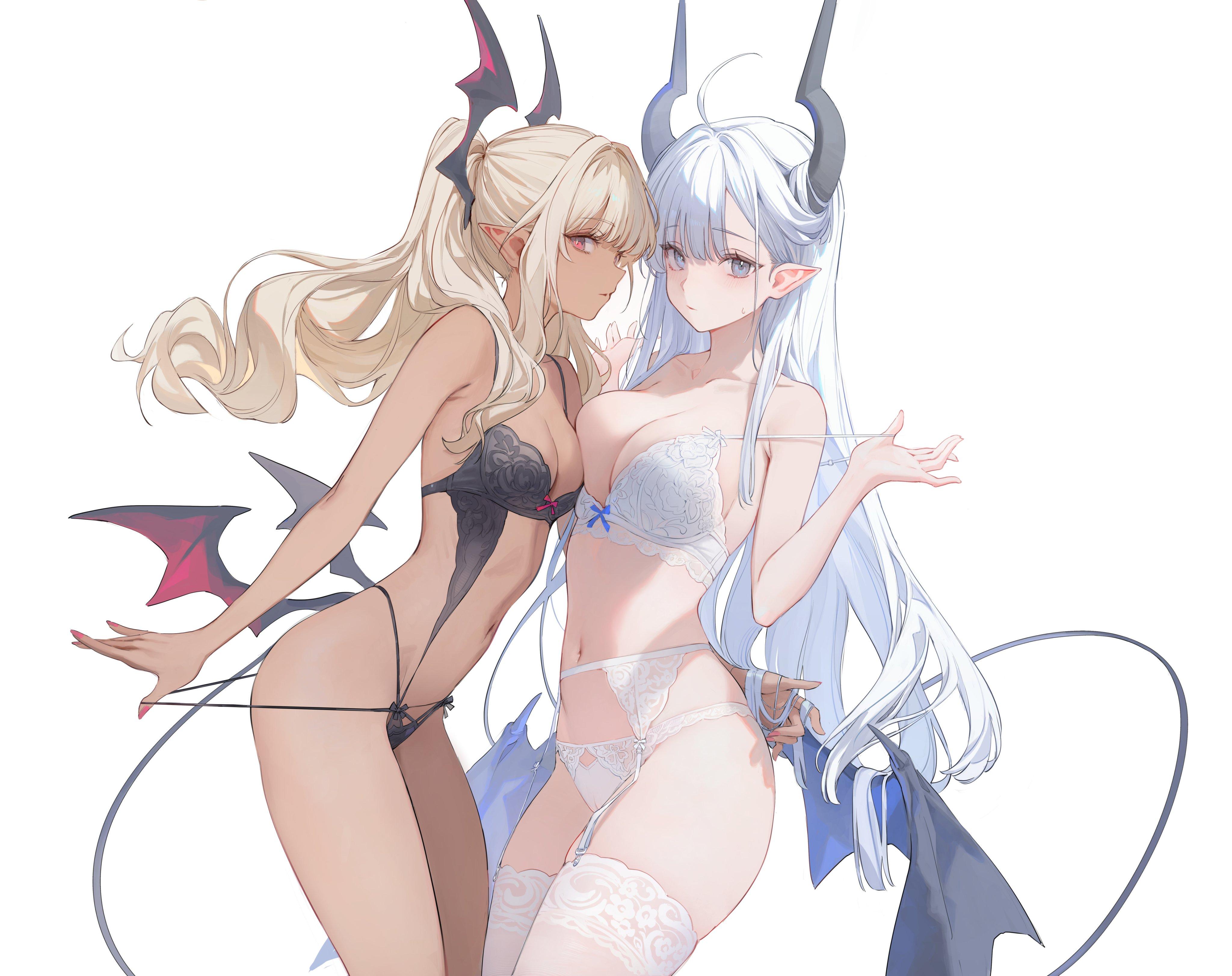 Blonde &amp; silver-haired demon girls (Nekojira) [Original]
