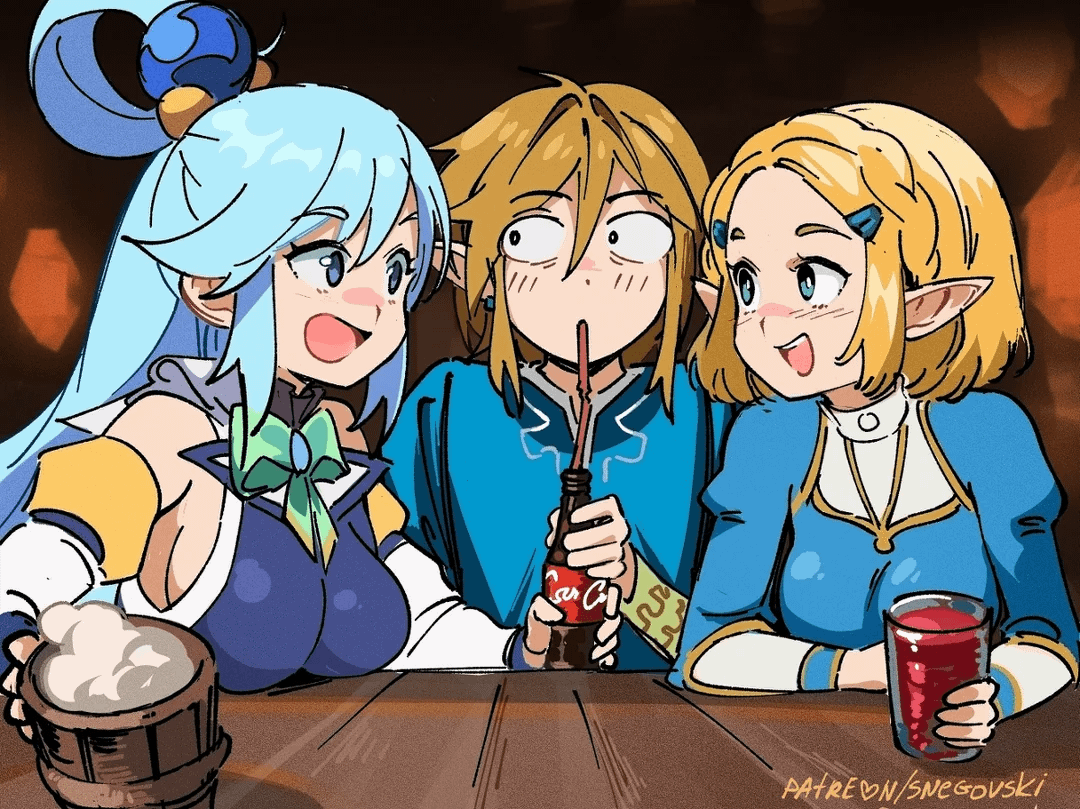 Link, Zelda and Aqua in bar (Snegovski) [Konosuba, Legend of Zelda]