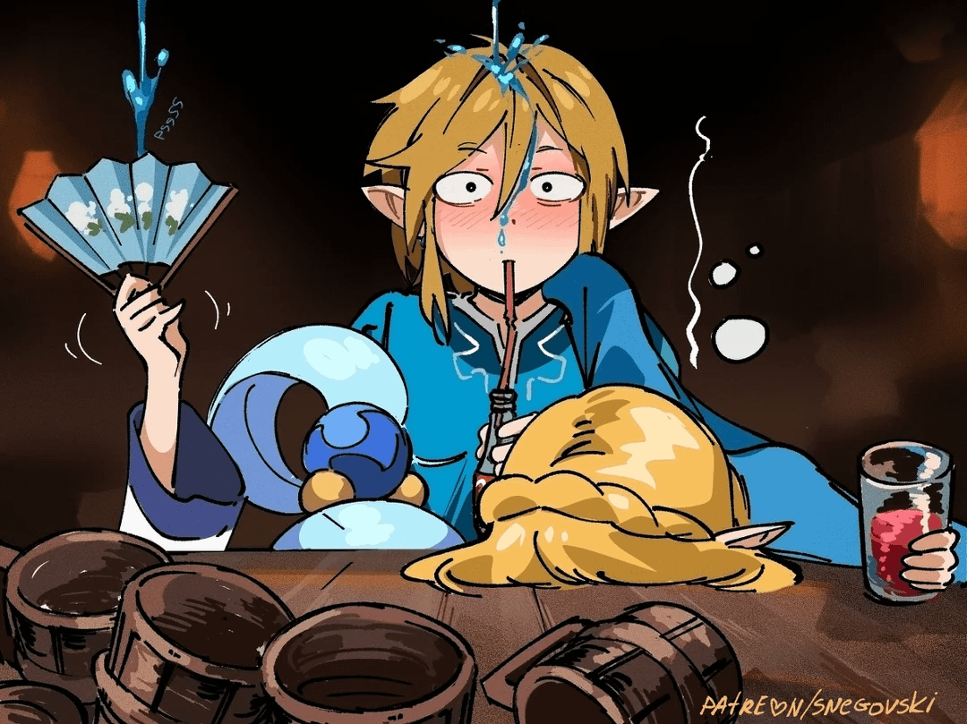 Link, Zelda and Aqua in bar (Snegovski) [Konosuba, Legend of Zelda]